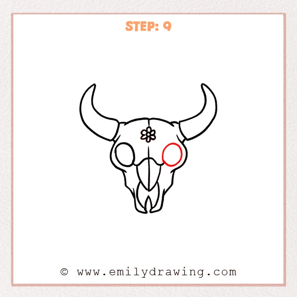 how to draw a bull skull - Bull skull drawing with two horns, a small forehead flower, and a newly added right eye socket circle to match the left.